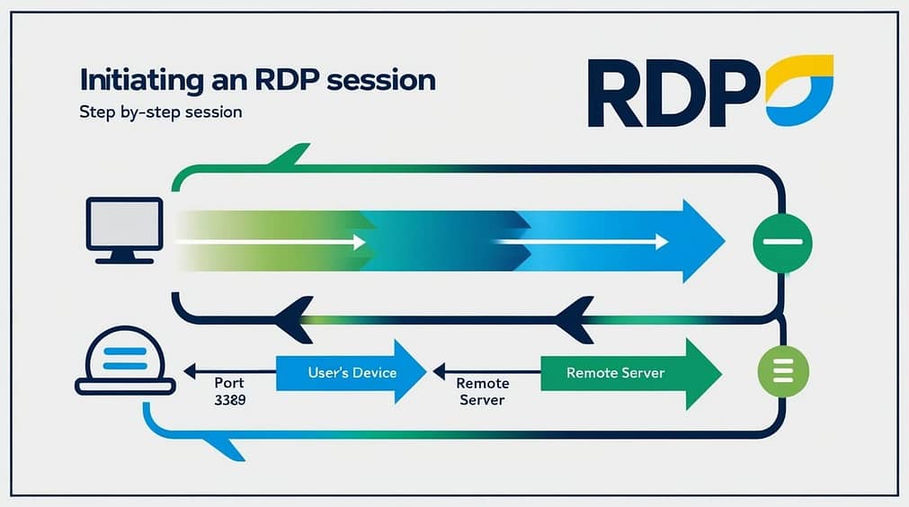 RDP session is initiated and how data flows between the user's device and the remote server via Port 3389.