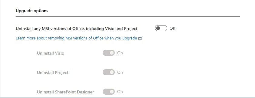 "Uninstall any MSI versions of Office, including Visio and Project."